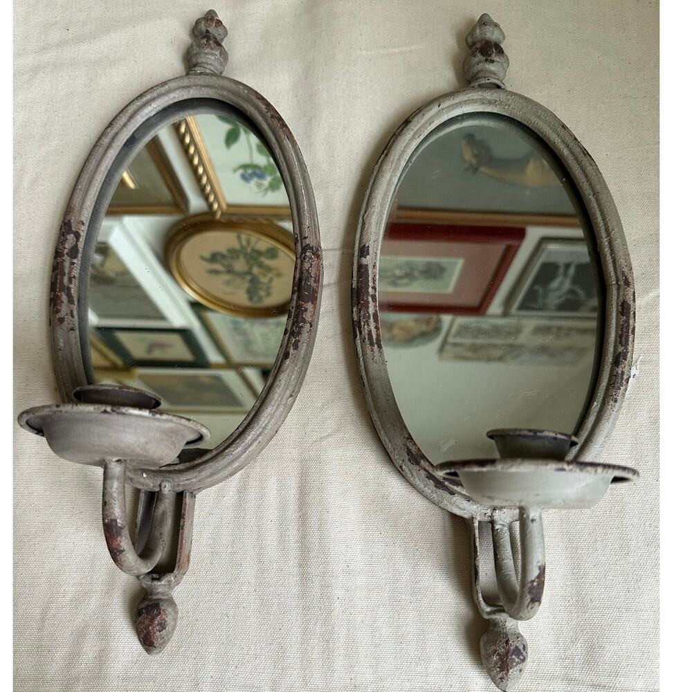 Wall candle sconces mirrors candleholders set of 2 pair aged oval metal shabby